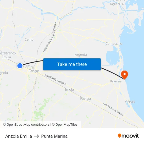 Anzola Emilia to Punta Marina map