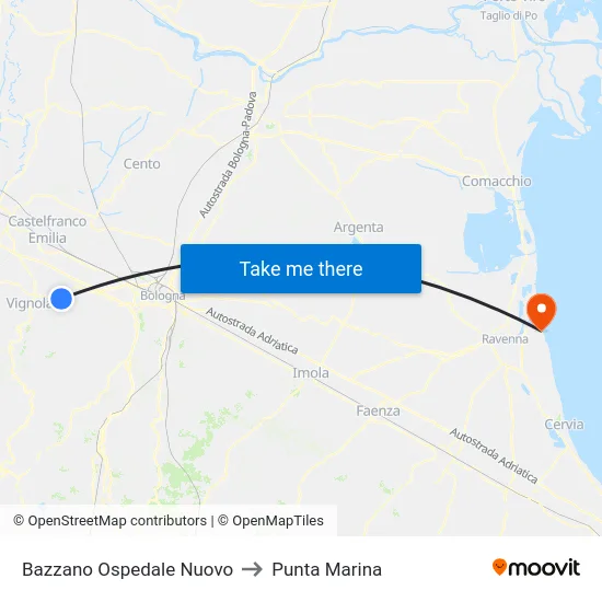 Bazzano Ospedale Nuovo to Punta Marina map