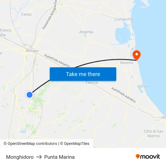 Monghidoro to Punta Marina map