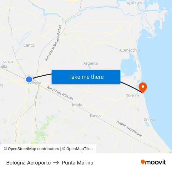 Bologna Aeroporto to Punta Marina map