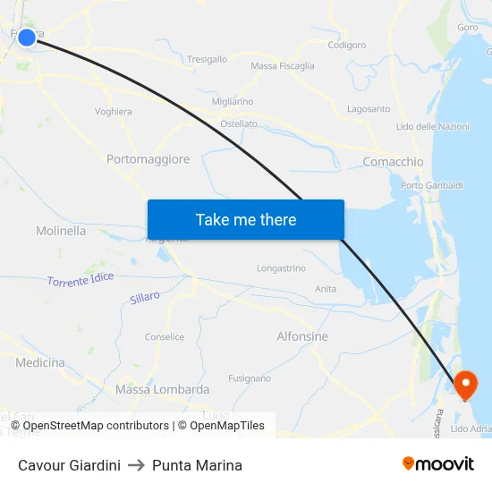 Cavour Giardini to Punta Marina map