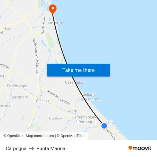 Carpegna to Punta Marina map