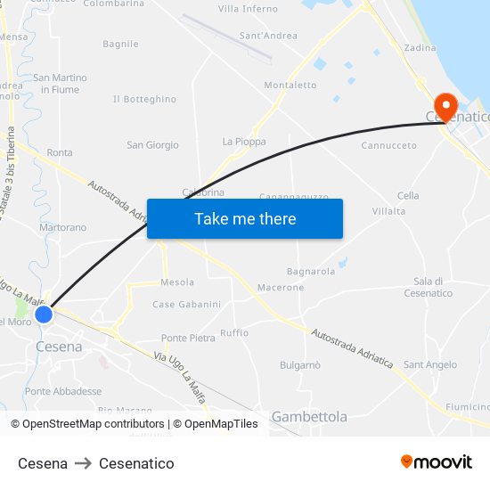 Cesena to Cesenatico map