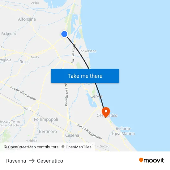 Ravenna to Cesenatico map
