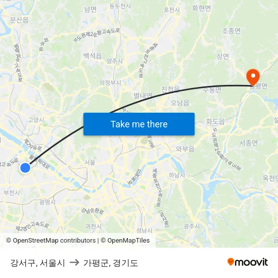 강서구, 서울시 to 가평군, 경기도 map
