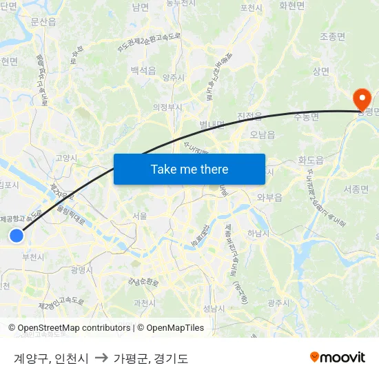 계양구, 인천시 to 가평군, 경기도 map