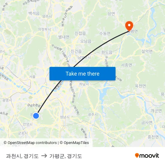 과천시, 경기도 to 가평군, 경기도 map