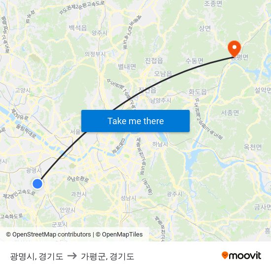 광명시, 경기도 to 가평군, 경기도 map