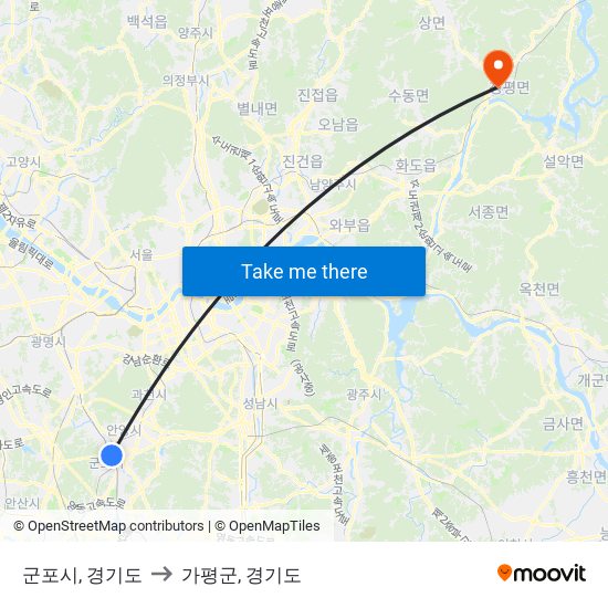 군포시, 경기도 to 가평군, 경기도 map