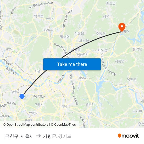 금천구, 서울시 to 가평군, 경기도 map