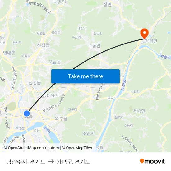 남양주시, 경기도 to 가평군, 경기도 map