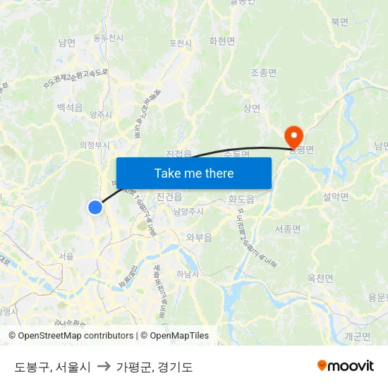 도봉구, 서울시 to 가평군, 경기도 map