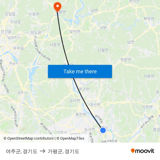 여주군, 경기도 to 가평군, 경기도 map