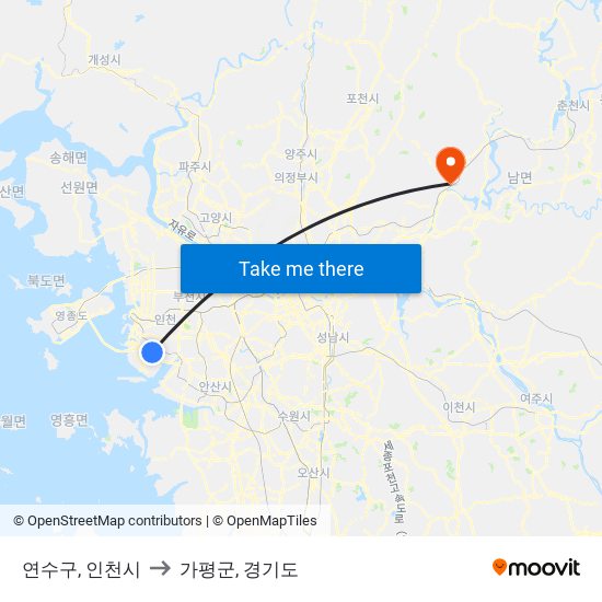 연수구, 인천시 to 가평군, 경기도 map