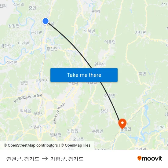 연천군, 경기도 to 가평군, 경기도 map