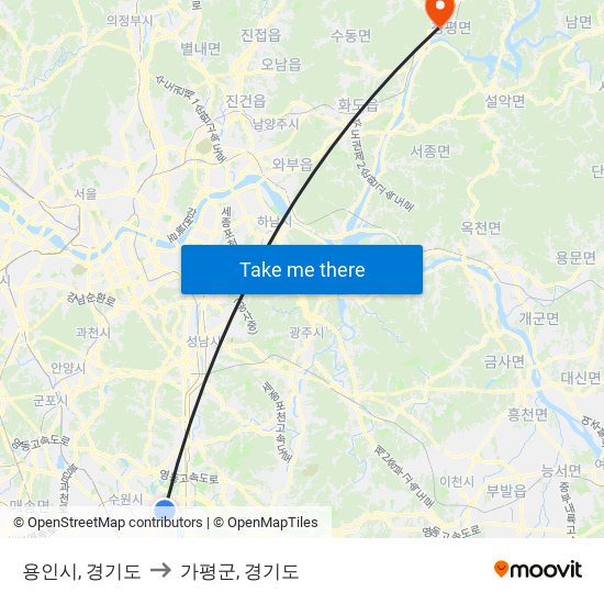 용인시, 경기도 to 가평군, 경기도 map