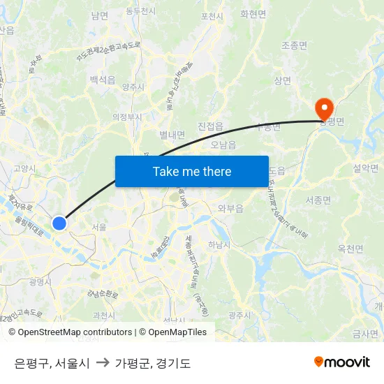 은평구, 서울시 to 가평군, 경기도 map