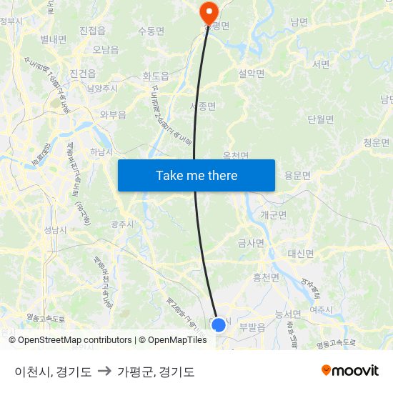 이천시, 경기도 to 가평군, 경기도 map