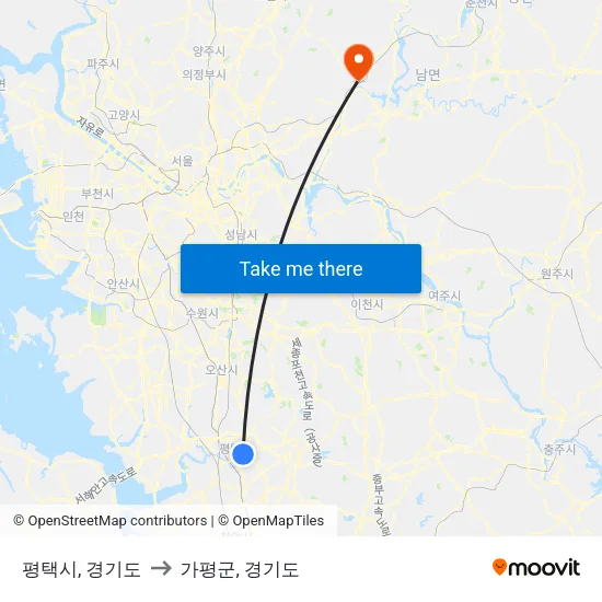 평택시, 경기도 to 가평군, 경기도 map