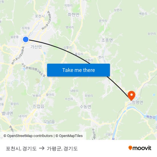 포천시, 경기도 to 가평군, 경기도 map