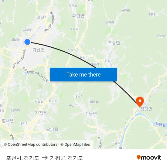 포천시, 경기도 to 가평군, 경기도 map