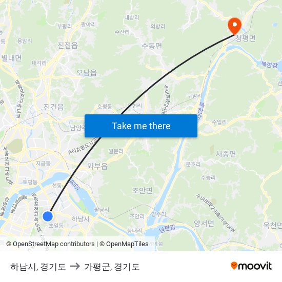 하남시, 경기도 to 가평군, 경기도 map