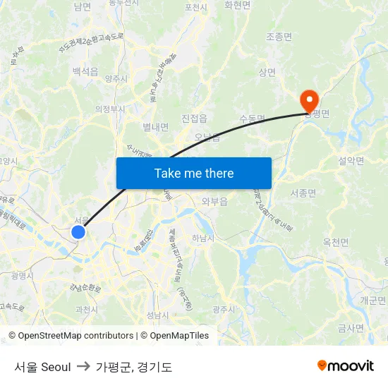 서울 Seoul to 가평군, 경기도 map
