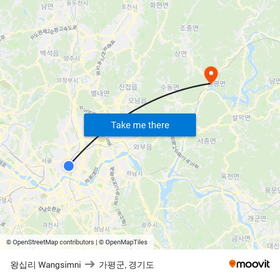 왕십리 Wangsimni to 가평군, 경기도 map