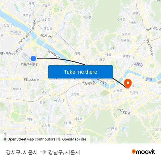 강서구, 서울시 to 강남구, 서울시 map