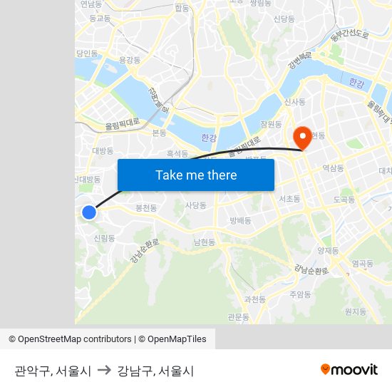 관악구, 서울시 to 강남구, 서울시 map