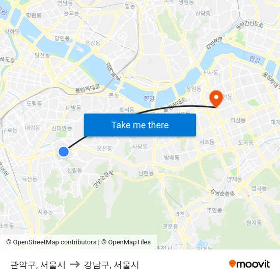 관악구, 서울시 to 강남구, 서울시 map