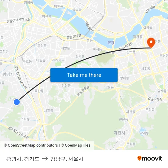 광명시, 경기도 to 강남구, 서울시 map