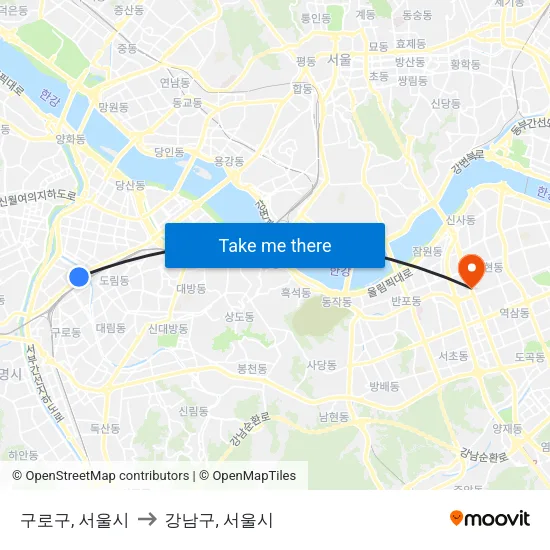 구로구, 서울시 to 강남구, 서울시 map