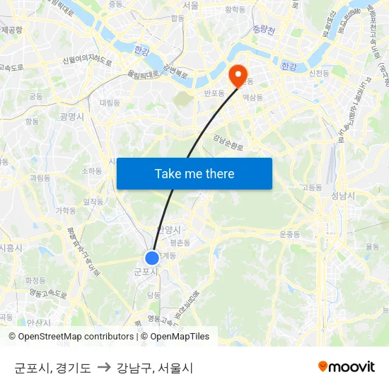 군포시, 경기도 to 강남구, 서울시 map