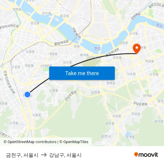 금천구, 서울시 to 강남구, 서울시 map