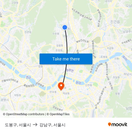 도봉구, 서울시 to 강남구, 서울시 map