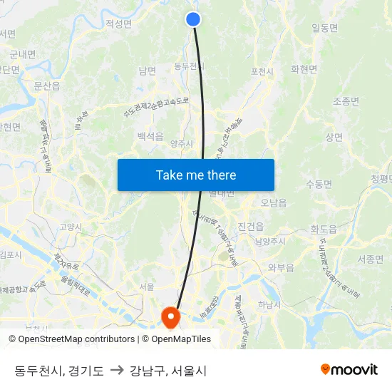 동두천시, 경기도 to 강남구, 서울시 map