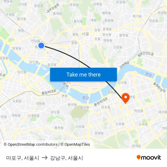 마포구, 서울시 to 강남구, 서울시 map