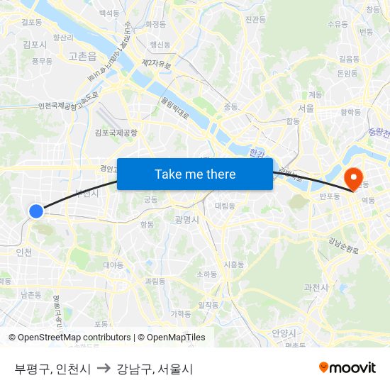 부평구, 인천시 to 강남구, 서울시 map