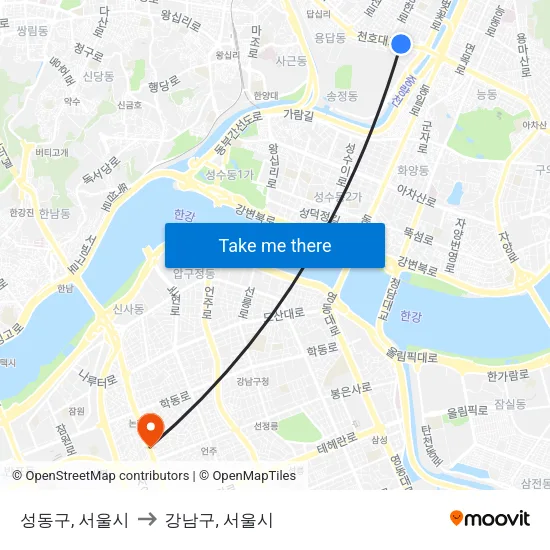 성동구, 서울시 to 강남구, 서울시 map