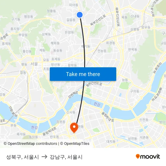 성북구, 서울시 to 강남구, 서울시 map