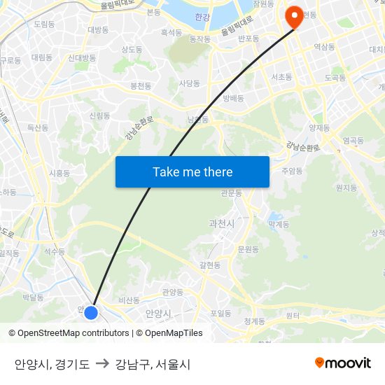 안양시, 경기도 to 강남구, 서울시 map