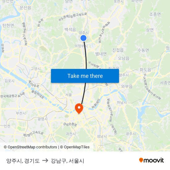 양주시, 경기도 to 강남구, 서울시 map