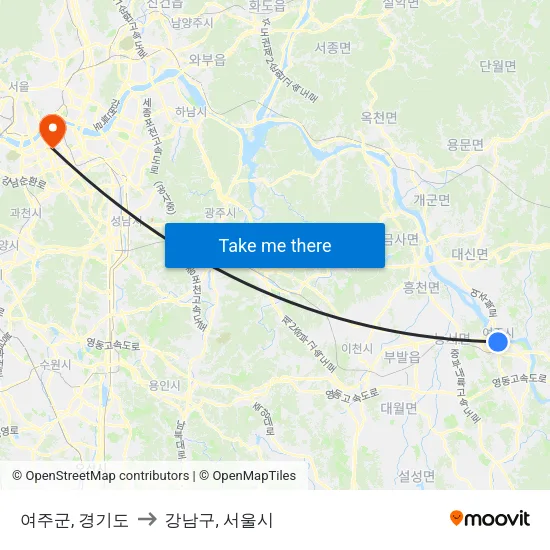 여주군, 경기도 to 강남구, 서울시 map