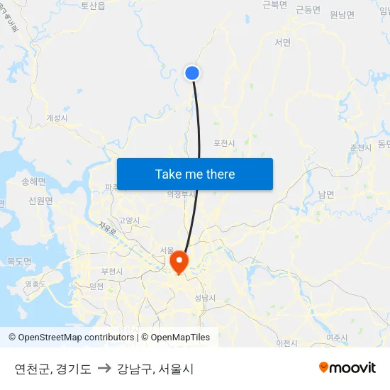 연천군, 경기도 to 강남구, 서울시 map