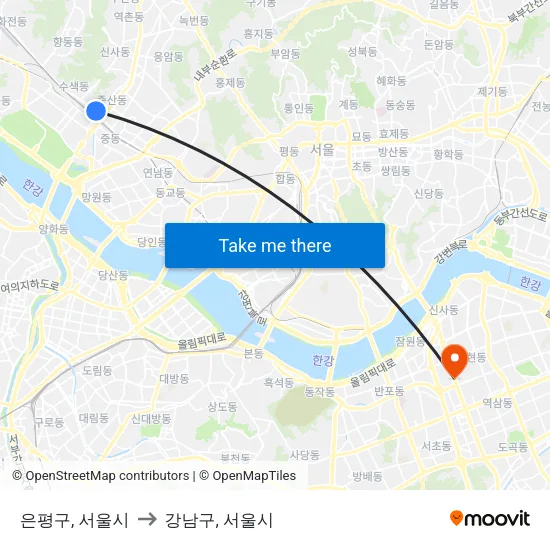 은평구, 서울시 to 강남구, 서울시 map