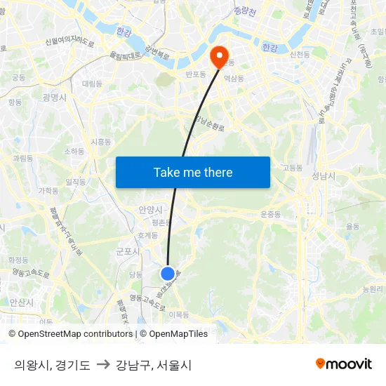 의왕시, 경기도 to 강남구, 서울시 map