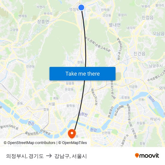 의정부시, 경기도 to 강남구, 서울시 map