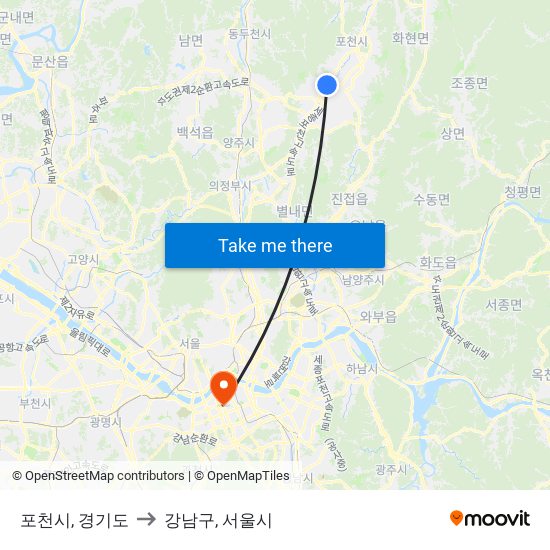 포천시, 경기도 to 강남구, 서울시 map