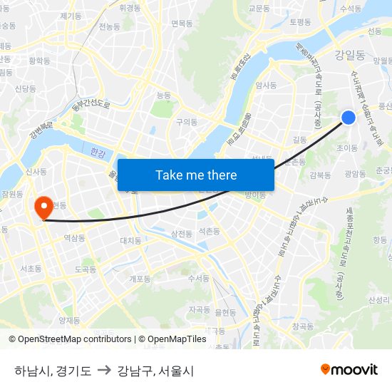 하남시, 경기도 to 강남구, 서울시 map